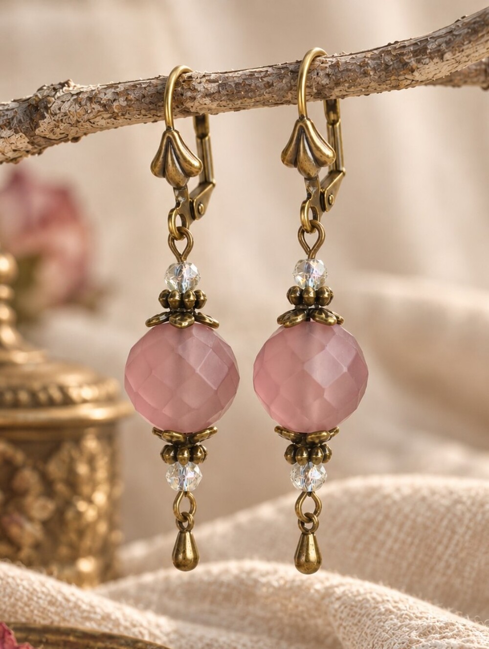 Vintage Dusty Rose Glass Earrings Antique Brass Hand Crafted